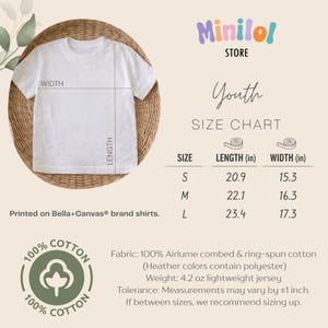 a white t-shirt with measurements and a size chart for youth, printed on a Bella+Canvas® brand shirt.