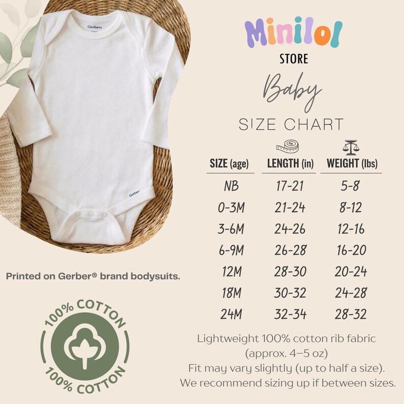 The image is a size chart for a baby's clothing, including a baby onesie and a size chart for different age groups. The chart provides measurements for the baby's length, weight, and age.