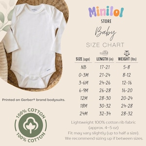 The image is a size chart for a baby's clothing, including a baby onesie and a size chart for different age groups. The chart provides measurements for the baby's length, weight, and age.