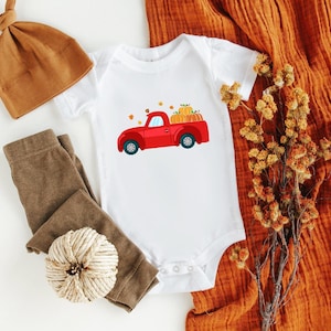 Fall Red Truck Onesie®, Pumpkin Truck Baby Outfit, Truck Onesie®, Baby Autumn Onesie®, Red Truck Boy Bodysuit
