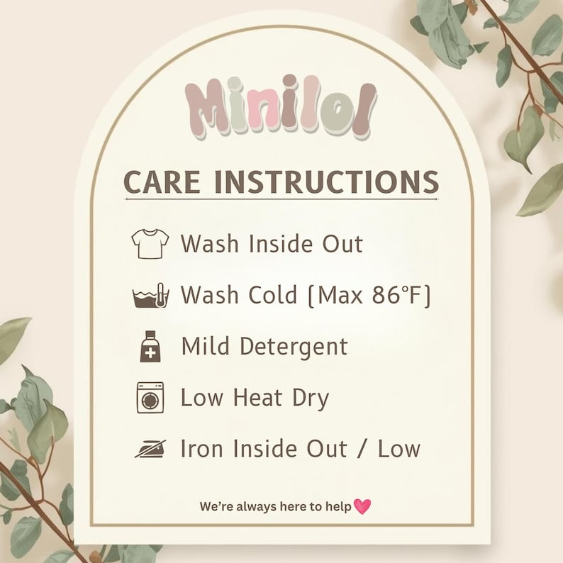 a care instructions sign with icons for washing different types of clothes, such as a t-shirt, cold, mild detergent, low heat dry, ironing, and ironing inside out. The sign provides guidance on how to properly care for the clothes, and it is accompanied by a heart symbol at the bottom, indicating that the image is a helpful resource for users.