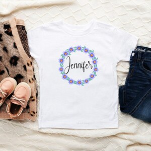Personalized Name Floral Wreath Shirt, Custom Girls Shirt, Girls Name Bodysuit, Baby Name Bodysuit,