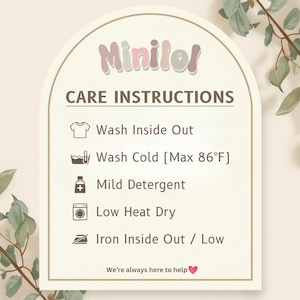a care instructions sign with icons for washing different types of clothes, such as a t-shirt, cold, mild detergent, low heat dry, ironing, and ironing inside out. The sign provides guidance on how to properly care for the clothes, and it is accompanied by a heart symbol at the bottom, indicating that the image is a helpful resource for users.