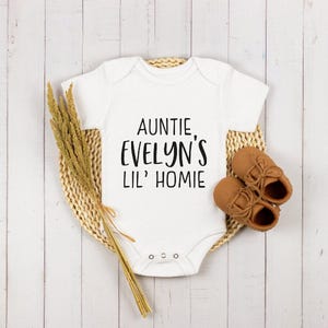 Personalized Auntie&#39;s Lil Homie Onesie® Name Auntie&#39;s Lil Homie Bodysuit, Funny Aunt Onesie®