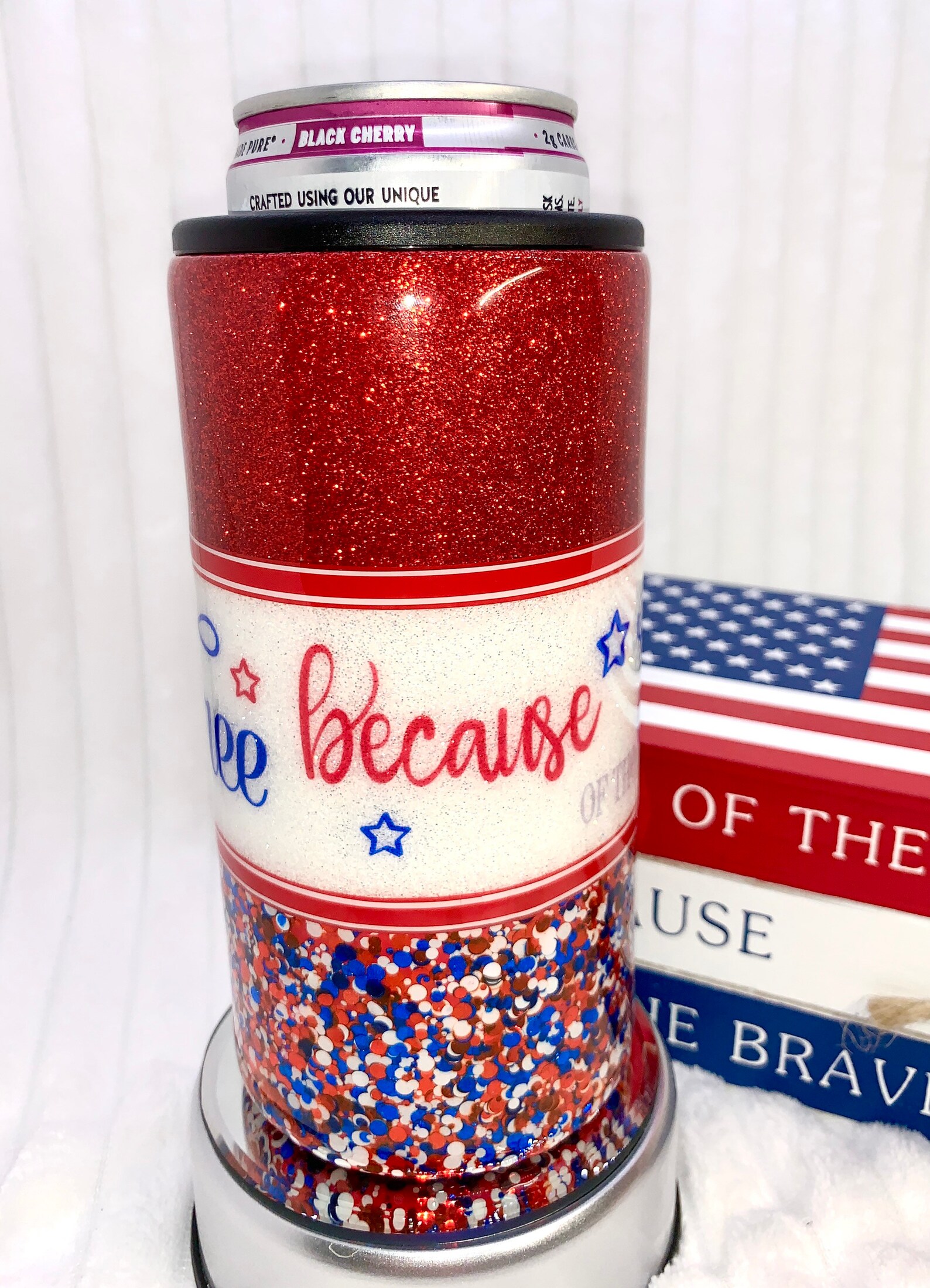 Patriotic slim can koozie Home of the Free Because of the Etsy