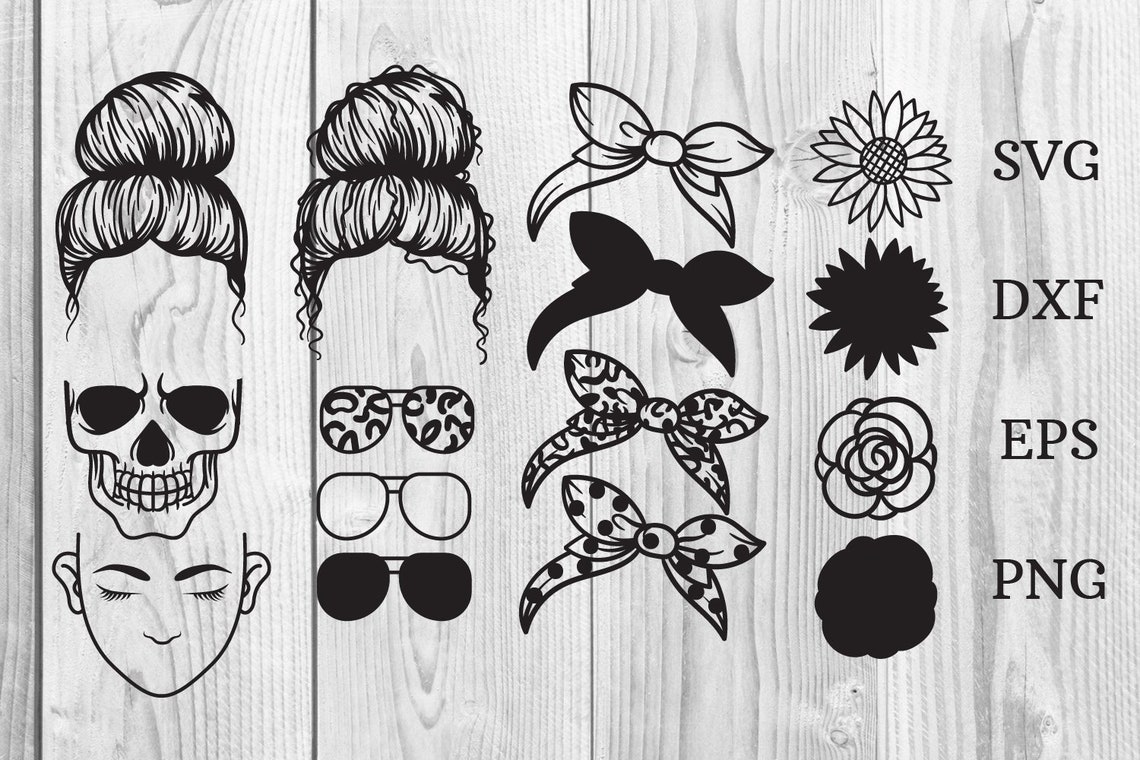 Messy Bun Bandana SVG Messy Buns &amp; Skull Messy Bun SVG with | Etsy