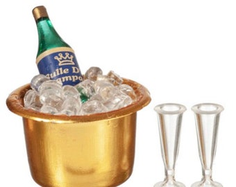 Dollhouse Miniature Champagne, choose with or without glasses, bar items, wine, alcohol, 1:12 scale