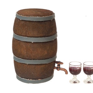 Dollhouse miniature wine barrel and 2 glasses, bar items, wine, alcohol, 1:12 scale