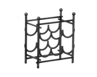 Dollhouse miniature black metal wine rack; bar item, wine, alcohol, 1:12 scale