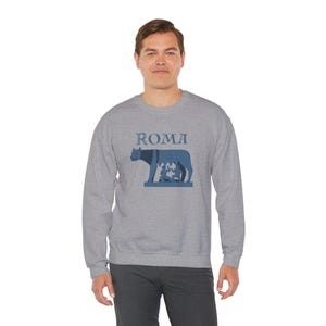 May include: A gray sweatshirt with a blue graphic of a wolf with the word "ROMA" above it.