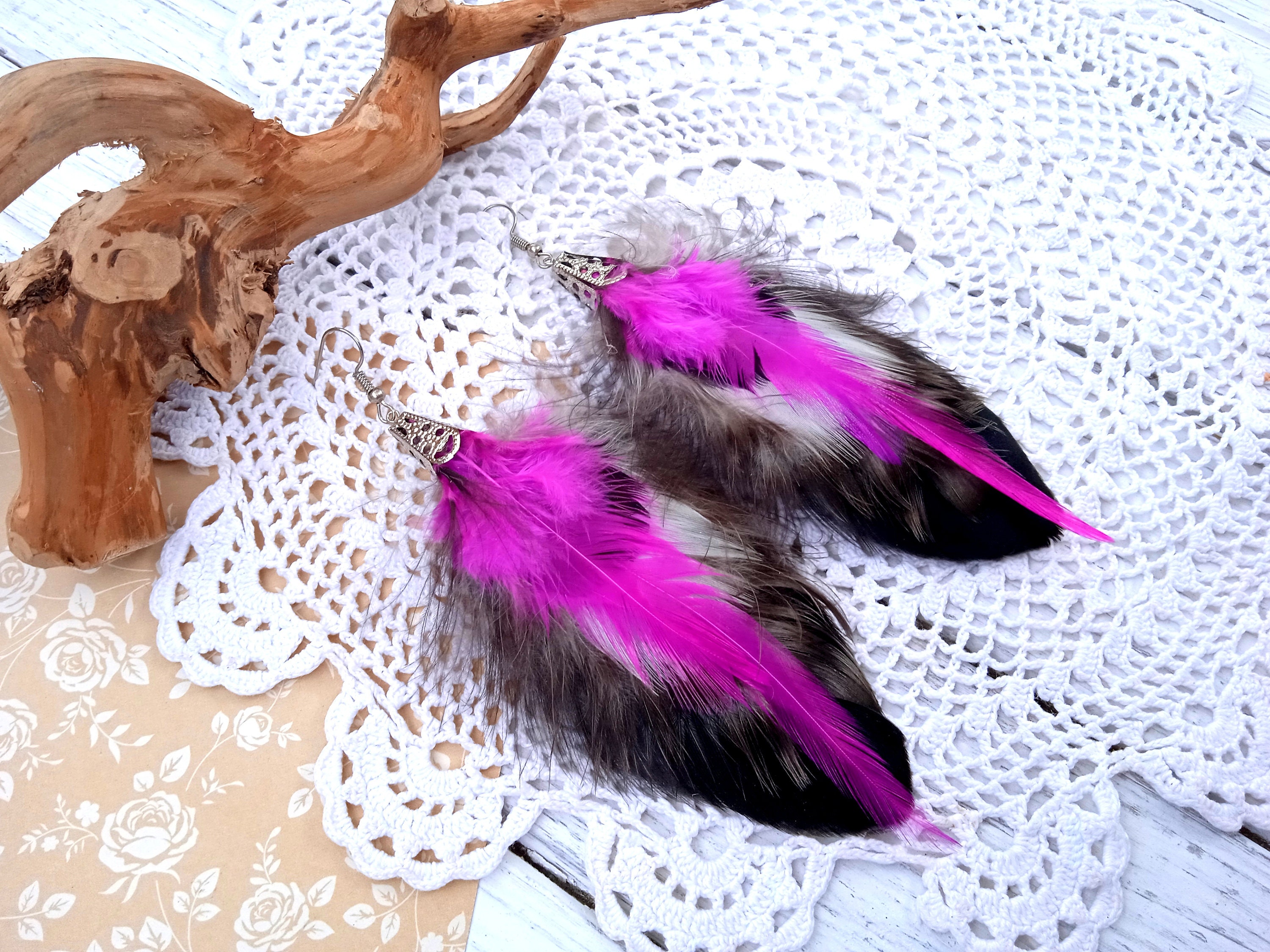 Pendientes de plumas rosas hechos a mano pendientes largos Etsy