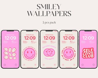 Smiley wallpapers, smile face, iOS 16, Aesthetic Wallpaper, iPhone 15 pro, lock screen, minimal, good vibes only, pinky,  self love club