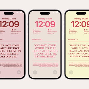 May include: Three iPhone screens displaying a digital calendar app with the date Monday, 27th June, the time 12:09, and a weather forecast of 15 degrees with mostly cloudy skies. Each screen displays a different Bible verse: John 14:1, Proverbs 16:3, and Proverbs 3:5.