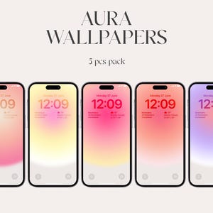 Könnte beinhalten: Fünf Smartphones mit farbverlaufenden Hintergrundbildern in Rosa, Gelb, Orange und Lila. Jeder Bildschirm zeigt Uhrzeit, Datum und Wetterinformationen an. Der Text "AURA WALLPAPERS" und "5 pcs pack" ist sichtbar.