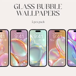 May include: Five smartphones displaying colorful glass bubble wallpapers. Each phone shows a different design with shades of pink, orange, green, and purple. The time displayed on each phone is 9:41 AM.