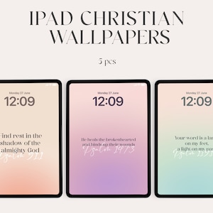 May include: Three iPad screen mockups with a gradient background and a clock displaying 12:09. Each screen features a different Bible verse with the book and chapter reference. The verses are "Find rest in the shadow of the almighty God Psalm 91:1", "He heals the brokenhearted and binds up their wounds Psalm 147:3", and "Your word is a lamp on my feet, a light on my pass Psalm 119:105".