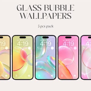 May include: Five smartphones displaying colorful bubble-themed wallpapers. Each phone shows a different design with hues of yellow, green, blue, and pink. The text "GLASS BUBBLE WALLPAPERS" and "5 pcs pack" are at the top.