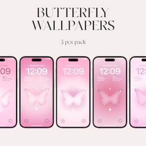 Puede incluir: Cinco fondos de pantalla de teléfono rosa y blanco con una mariposa y un reloj digital que muestra "12:09" y la fecha "Lunes 27 de junio".