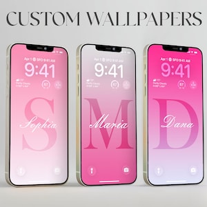 May include: Three smartphones with custom pink gradient wallpapers. Each phone displays a different name: Sophia, Maria, and Dana. The time is 9:41 AM, with weather details. The text "CUSTOM WALLPAPERS" is at the top.