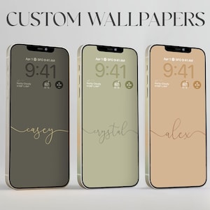 May include: Three smartphones with custom wallpapers. The screens display the time, date, and weather. Each phone has a different background color: olive green, light green, and peach. The names "casey", "crystal", and "alex" are written in a cursive font.