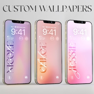 May include: Three smartphones showcasing custom wallpapers. Each phone displays a different name: Nicole, Chloe, and Jessie, in a stylish script font. The backgrounds feature soft, gradient colours, with the time displayed at the top. The text "CUSTOM WALLPAPERS" is at the top.