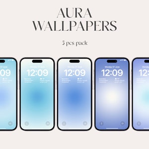 May include: Five phone screen wallpapers with a gradient background in shades of blue. The wallpapers feature a blurred effect and the time displayed is 12:09.