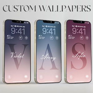 May include: Three smartphones with custom wallpapers. Each phone displays a different name: Violet, Avery, and Sofia, in elegant script. The screens feature a gradient background and the text "CUSTOM WALLPAPERS" at the top.