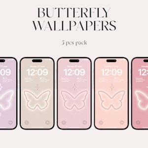 Puede incluir: Cinco fondos de pantalla para teléfono con una mariposa rosa neón sobre una variedad de fondos pastel. Los fondos de pantalla incluyen la fecha y la hora, "Lunes 27 de junio" y "12:09".