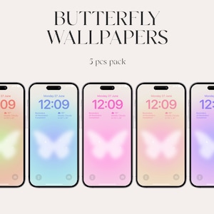 May include: Five phone wallpapers featuring a glowing butterfly in different pastel colors: peach, blue, pink, yellow, and purple. The wallpapers include the date and time, "Monday 27 June 12:09".