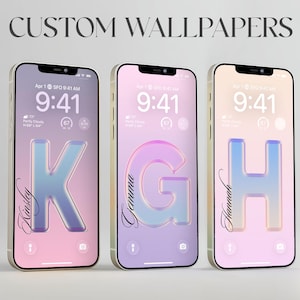 May include: Three smartphones displaying custom wallpapers with the text "CUSTOM WALLPAPERS" at the top. Each phone shows a different initial: K, G, and H, with a name below each letter. The screens have a gradient background.