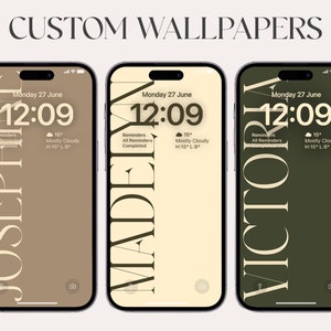 May include: Three iPhone mockups with custom wallpapers featuring the names "Joseph", "Victoria", and "Madeleine" in a bold, stylized font. The wallpapers are in shades of brown, green, and beige.