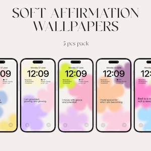 Sfondi per schermata di blocco con affermazioni morbide - Pacchetto da 5 sfondi motivazionali per iPhone e Android, download digitale con estetica pastello, fiori carini