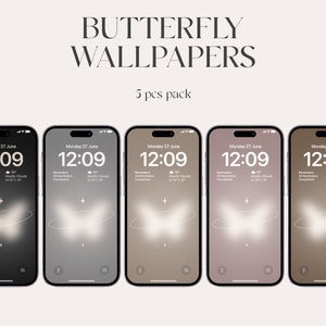 May include: Five phone wallpapers featuring a stylised butterfly design in a white glow against a black, grey, light brown, brown, and dark brown background. The text "Monday 27 June 12:09" is visible on each wallpaper.