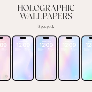Könnte beinhalten: Fünf holografische Handy-Hintergrundbilder in einem Pack. Die Hintergrundbilder zeigen einen Farbverlauf in Pastellfarben, darunter Rosa, Blau und Grün. Jedes Hintergrundbild hat eine digitale Uhr, die 12:09 anzeigt.