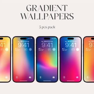 May include: Five smartphones displaying colorful gradient wallpapers. Each phone shows a different blend of colors, including pink, blue, yellow, and orange. The time is displayed as 9:41 AM. The text "GRADIENT WALLPAPERS" and "5 pcs pack" are at the top.
