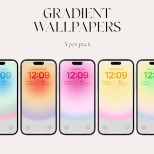 May include: Five smartphones displaying gradient wallpapers in a pack. Each phone shows a different color scheme: blue, orange, pink, yellow, and green. The time is 12:09 on Monday, June 27th, with weather details.