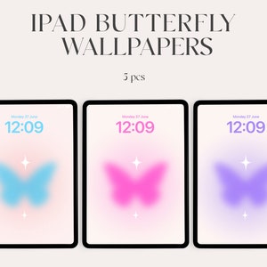 May include: Three iPad screen mockups with a pink background and a blurred butterfly image in blue, pink, and purple. The time on each screen is 12:09.
