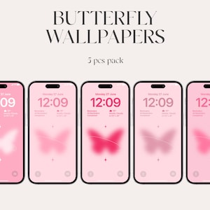 May include: Five pink phone wallpapers featuring a blurred butterfly design, each displaying the time 12:09.