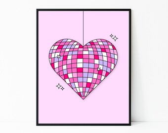 Heart Disco Ball Print: Retro Pink Purple Glitterball Poster