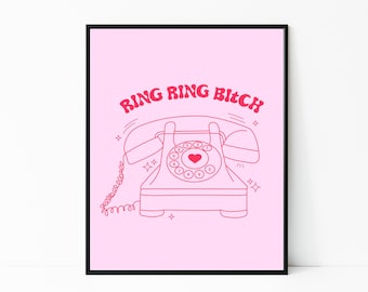 Pink & Red Funky Retro Telephone Print - Phone Wall Art | Cute Red Pink 2000s Y2K 90s Aesthetic Home Decor | Girly Groovy Funky Room Decor