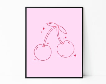 Schattige roze rode kers Art Print - Retro Funky Y2K 2000s roze kers esthetische kamer decor | Roze muurkunst | Kersendecor | Zomer muurprint