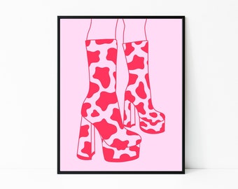 Retro Cow Print Boots Poster - Pink Red Funky Disco Wall Decor | Fashion Wall Art | Cow Print Room Decor | Y2K Retro 70s Wall Print