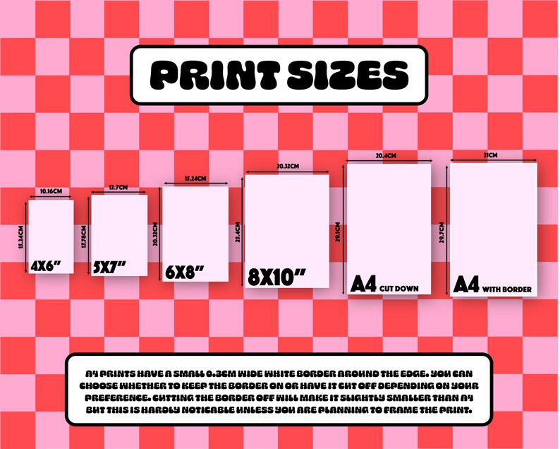 May include: A chart showing different print sizes in inches and centimetres. The sizes are 4x6 inches, 5x7 inches, 6x8 inches, 8x10 inches, A4 cut down, and A4 with border.