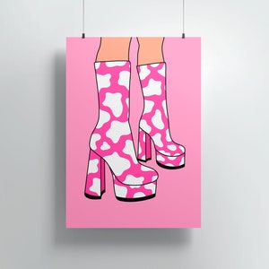 May include: A pair of pink platform boots with a white cow print design. The boots have a thick heel and a square toe.