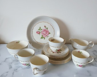 Vintage Alfred Meakin 15 pcs Tea Set in Elegance Pink Rose Design in Grey from England