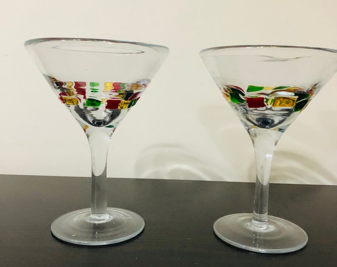 Martini glasses with Inlaid Square Glass of Yellow, Red and Green/ Set of 2 cocktail glass
