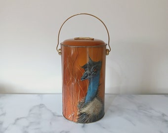 Vintage 1990s Anzac Day Biscuit Tin Emu by Priscilla Wright / Orange Colour Emu Biscuit Container