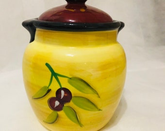 Yellow Jar with lid / Vintage Ceramic Olive Jar