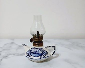 Vintage Delfts Blue Oil Lamp Hand Painted Windmill and Floral,  Blue and White  Delfts Blue Oil Lamp ,made in Holland with Chimney