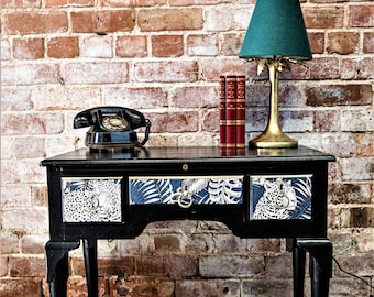 Desk, console table, black, painted, upcycled, decoupage